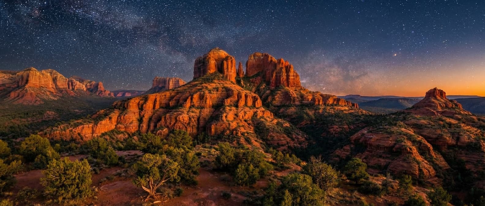 Panoramic view of Sedona's red rock formations at golden hour
