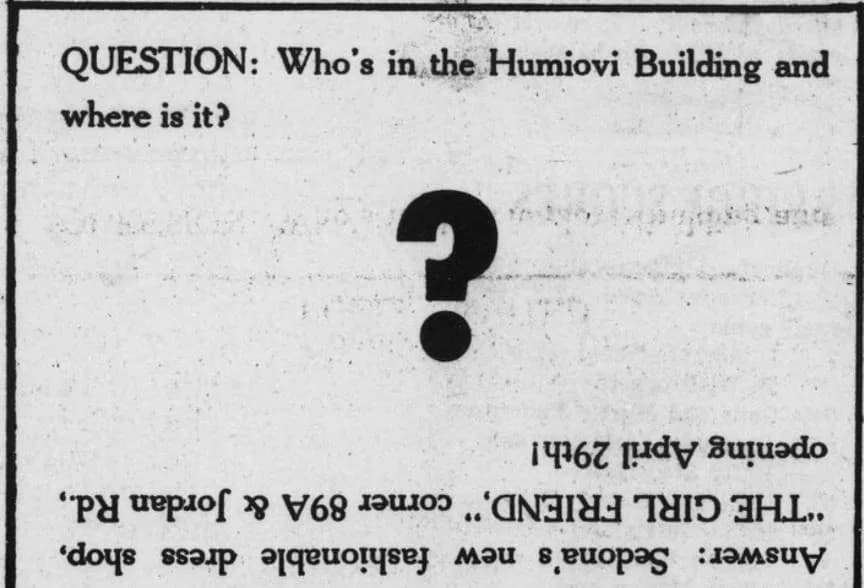 1966 newspaper teaser ad asking Who's in the Humiovi Building and where is it, with the answer printed upside down