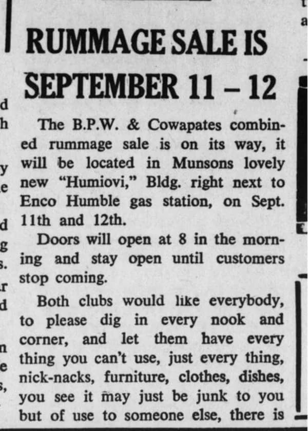 1964 newspaper notice announcing a rummage sale at Gene Munson's lovely new Humiovi Bldg. next to the Enco Humble gas station