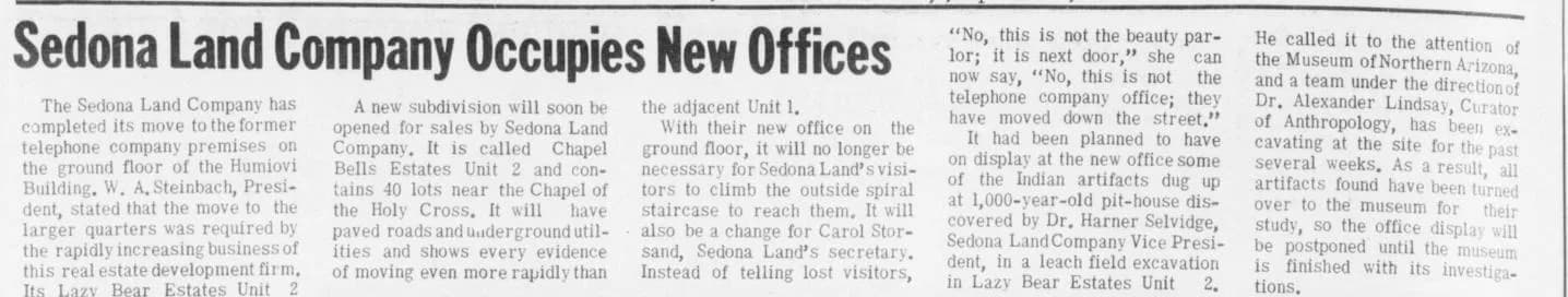 1971 newspaper article headlined Sedona Land Company Occupies New Offices, on its move to the ground floor of the Humiovi Building