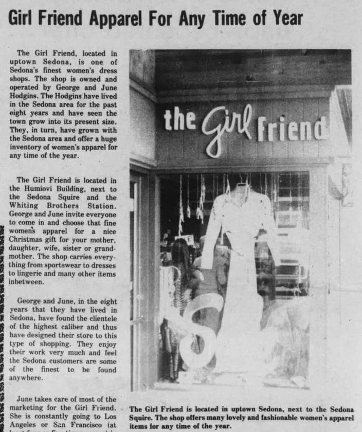 1973 newspaper feature on The Girl Friend dress shop in the Humiovi Building, with a photograph of its sign and display window