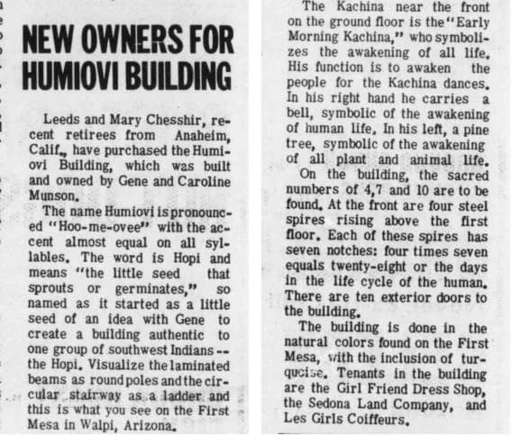 1973 newspaper article explaining the Hopi meaning of the name Humiovi and the building's design after the First Mesa village of Walpi