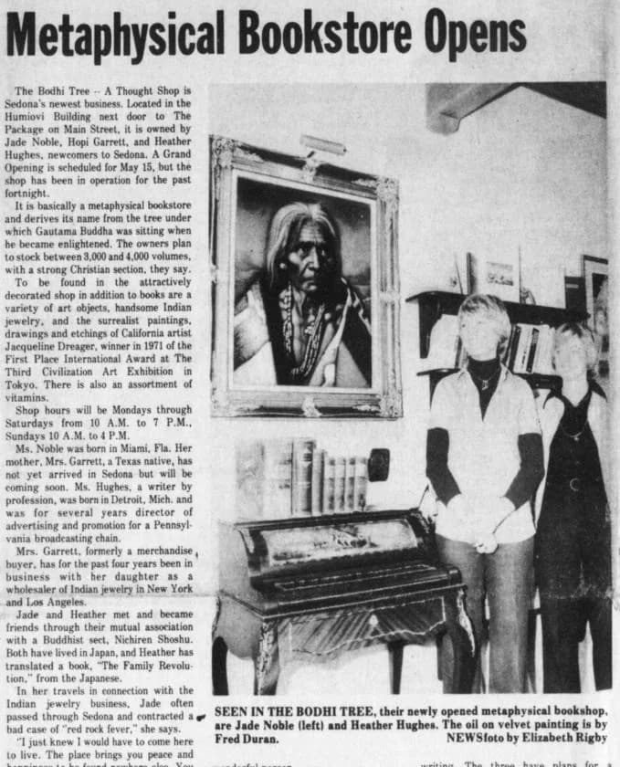 1975 front-page newspaper story headlined Metaphysical Bookstore Opens, with the owners inside their shop in the Humiovi Building