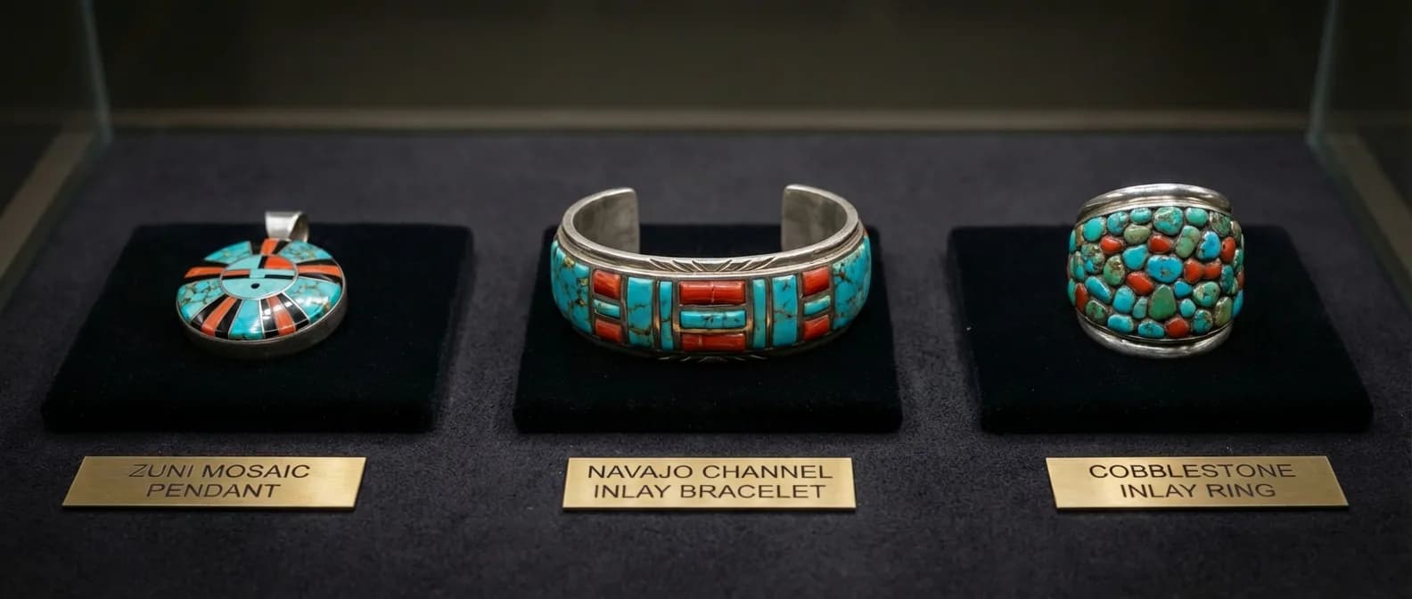 Three inlay techniques side by side: Zuni mosaic pendant, Navajo channel inlay bracelet, and cobblestone ring