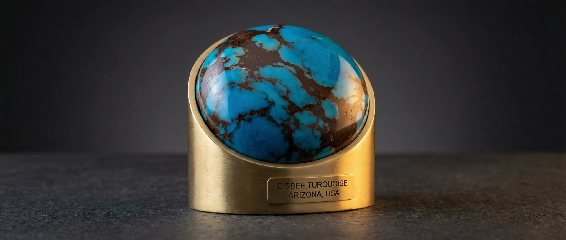 Museum-grade Bisbee turquoise cabochon with chocolate brown matrix on a brass mineral stand
