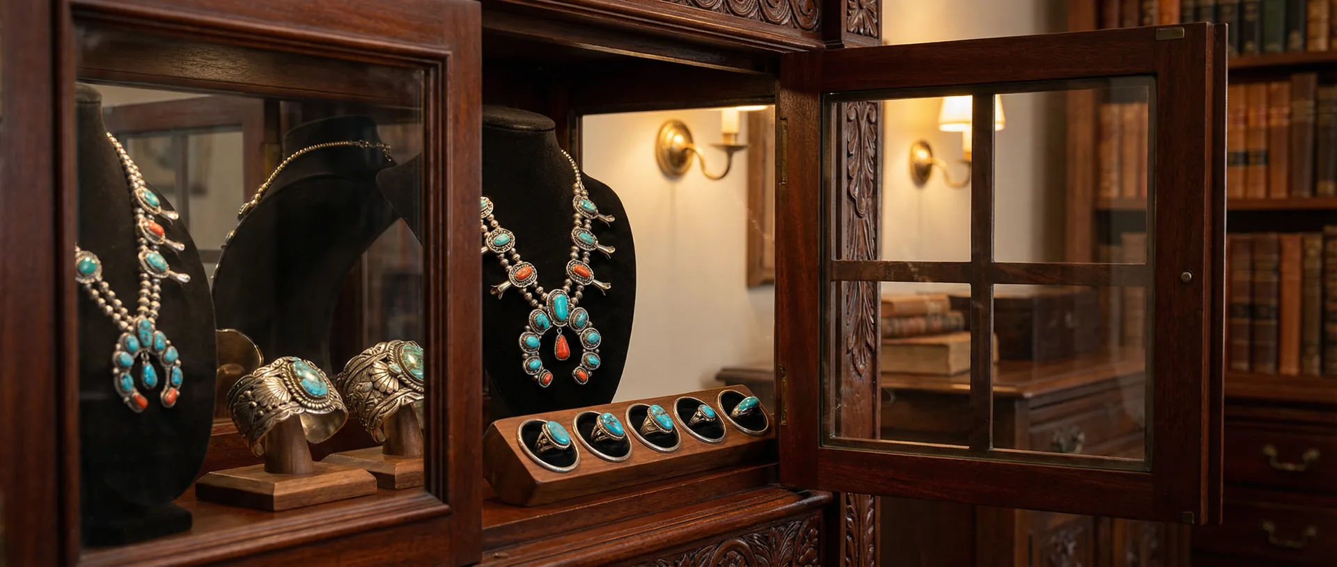 Mahogany display cabinet with glass shelves holding curated Native American jewelry under warm library lighting