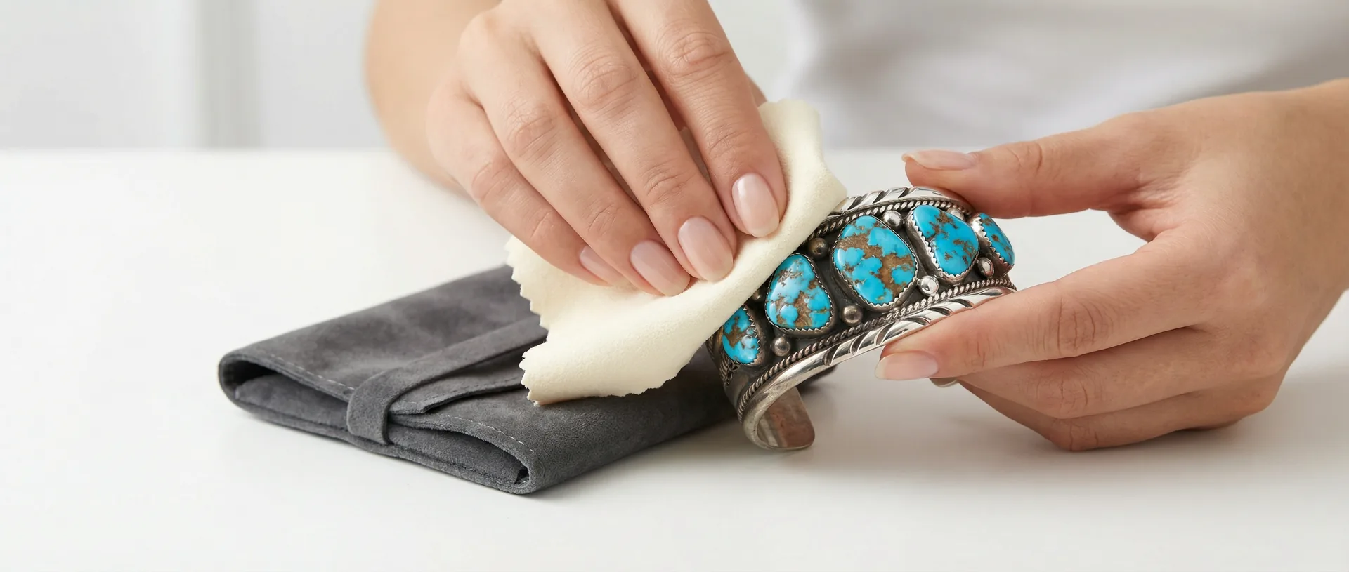 Hands cleaning a silver and turquoise cuff with a polishing cloth, the bracelet half-polished showing before and after