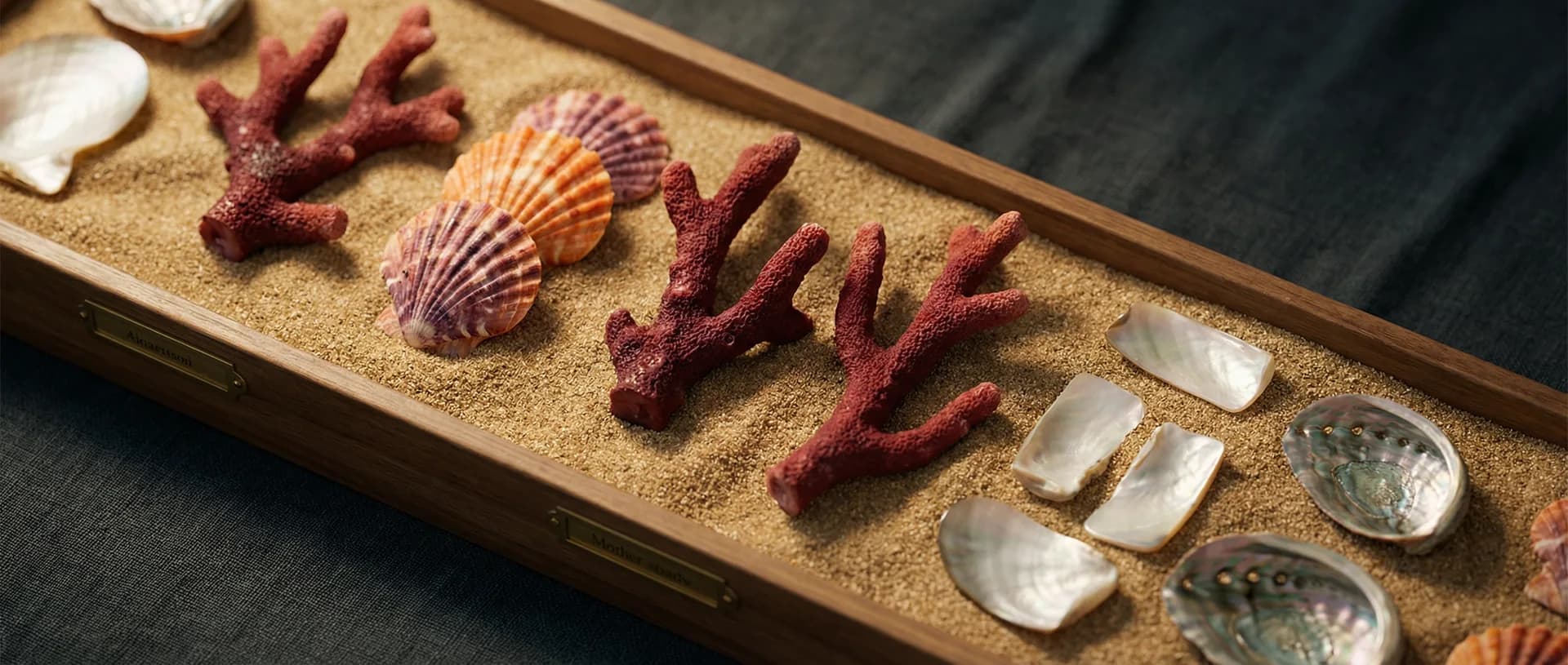 Red coral branches, spiny oyster shell, mother of pearl, and abalone arranged on fine sea sand