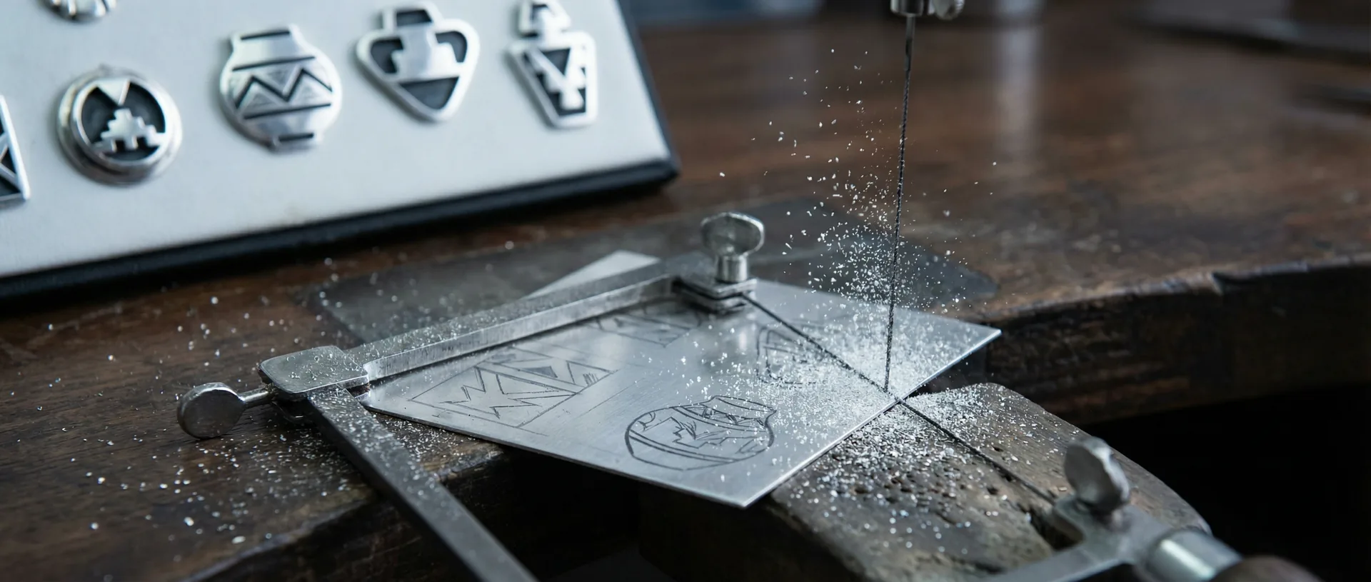 Jeweler's saw cutting intricate clan symbols from sterling silver sheet, fine silver dust cascading
