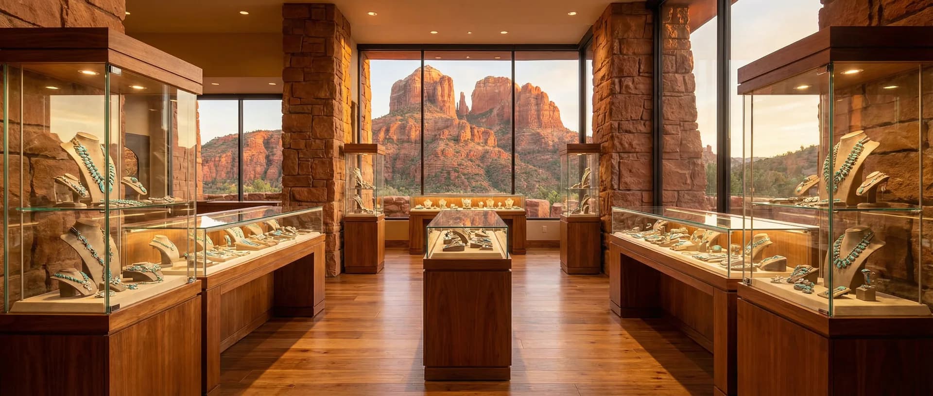 Luxury Sedona gallery interior at golden hour with turquoise jewelry displays and red rock formations through windows