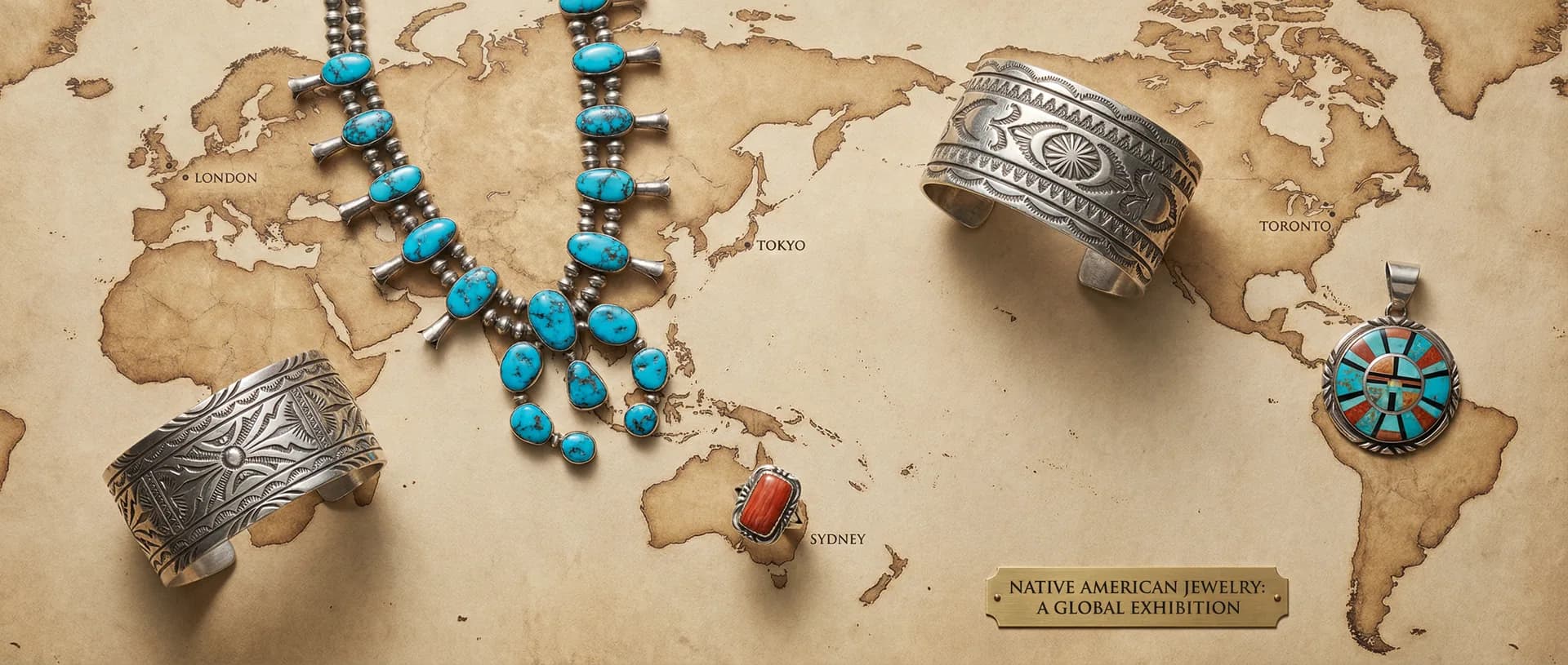 Native American jewelry placed on a parchment world map at collector markets: London, Tokyo, Sydney, Paris