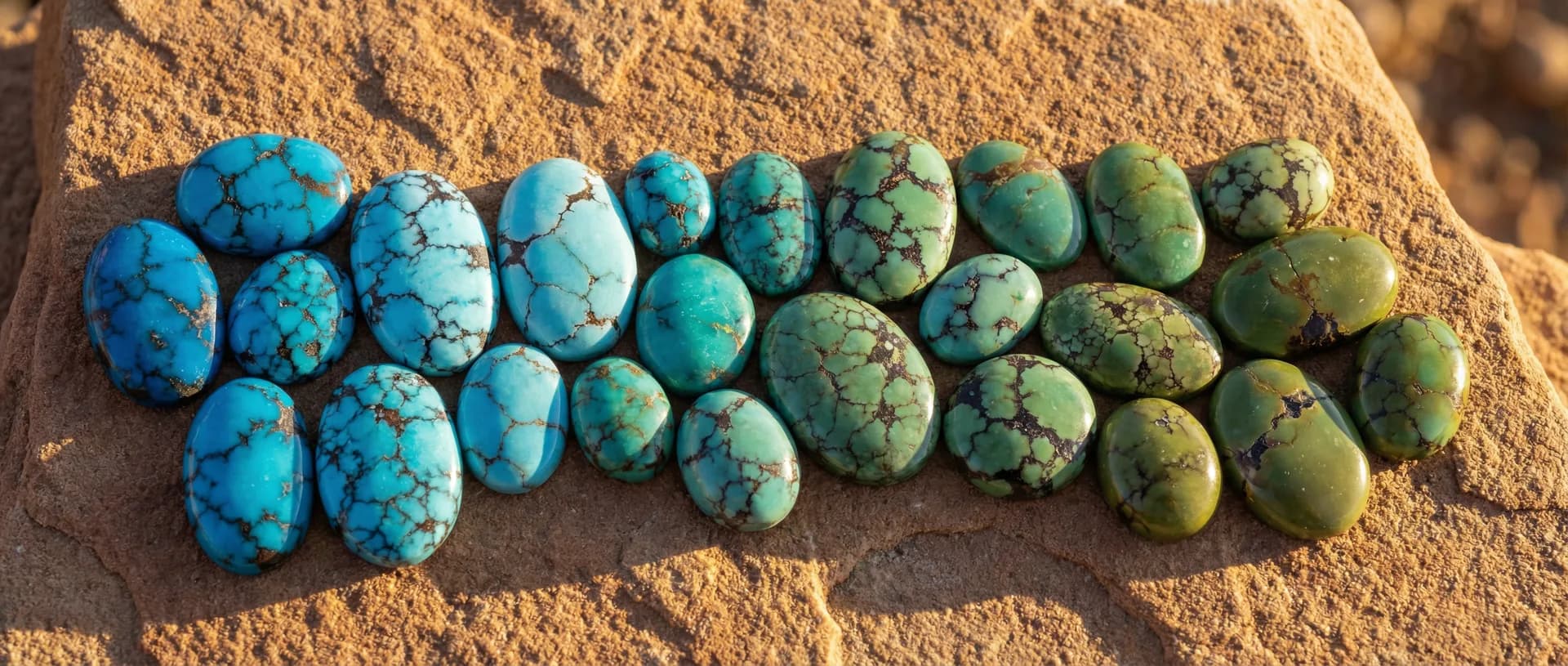 Kingman turquoise specimens spanning the blue-to-green spectrum with spider-web matrix on raw sandstone