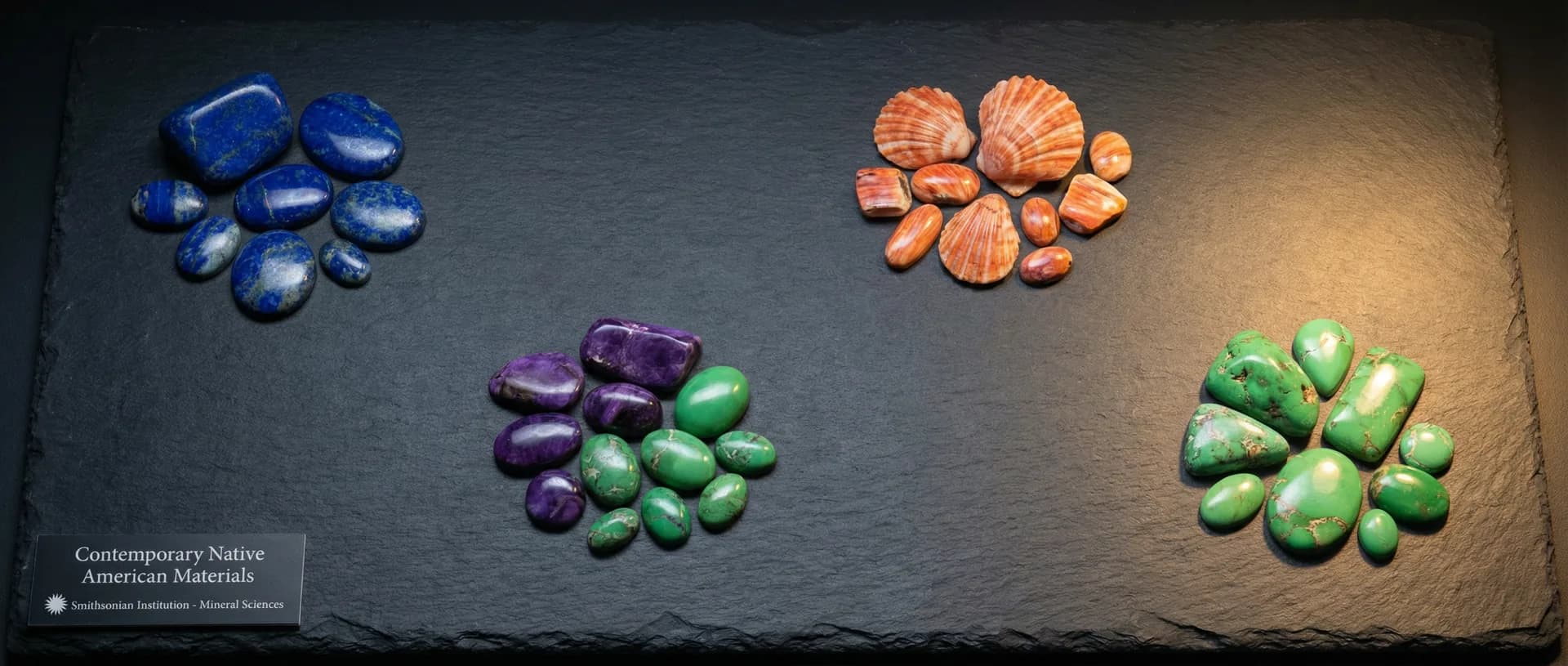 Lapis lazuli, spiny oyster shell, sugilite, and gaspeite arranged on dark slate with negative space between groups