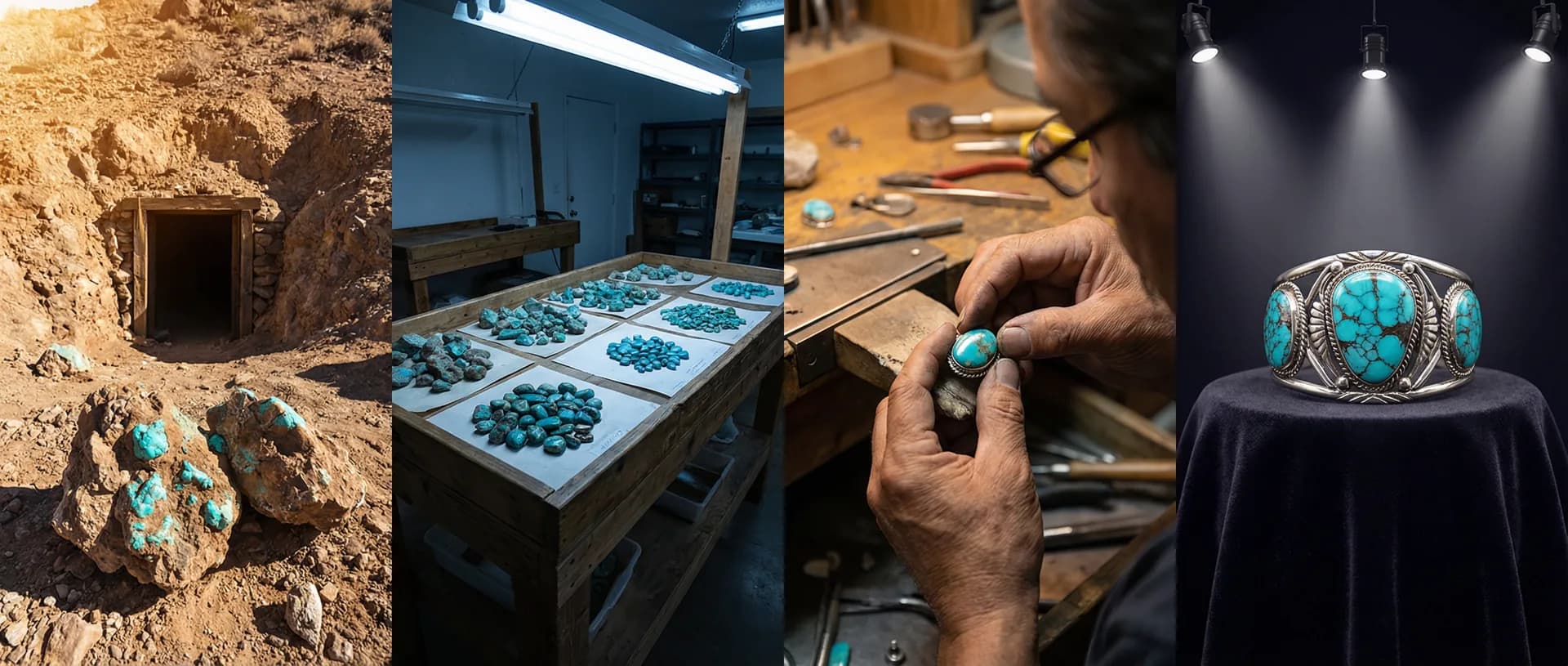 Panoramic progression from rough turquoise in rock to sorted specimens to polished cabochons to finished bracelet