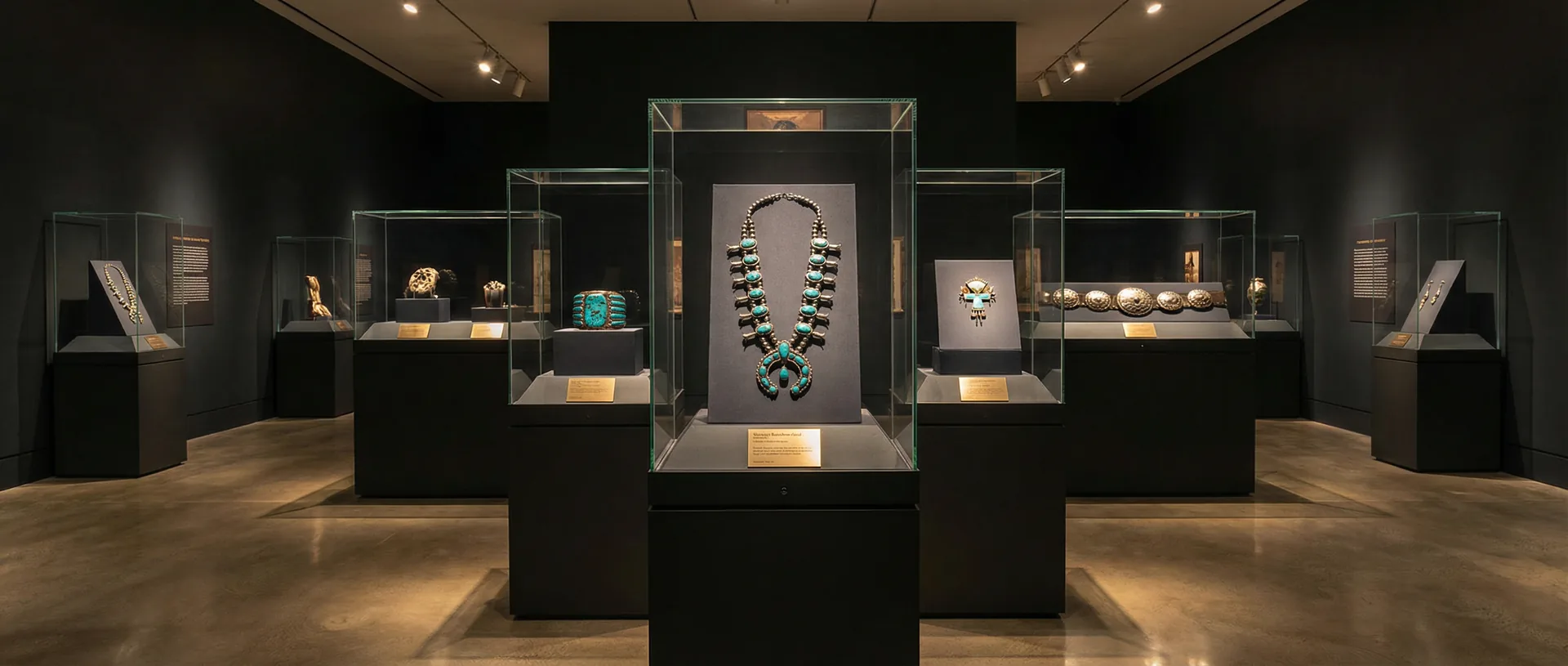 Museum gallery with glass vitrines containing extraordinary Native American pieces under individual spot lights
