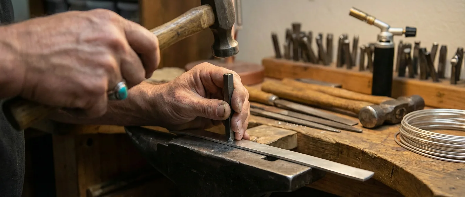 Silversmith's hands stamping a sterling silver cuff bracelet at a traditional workbench with tools behind