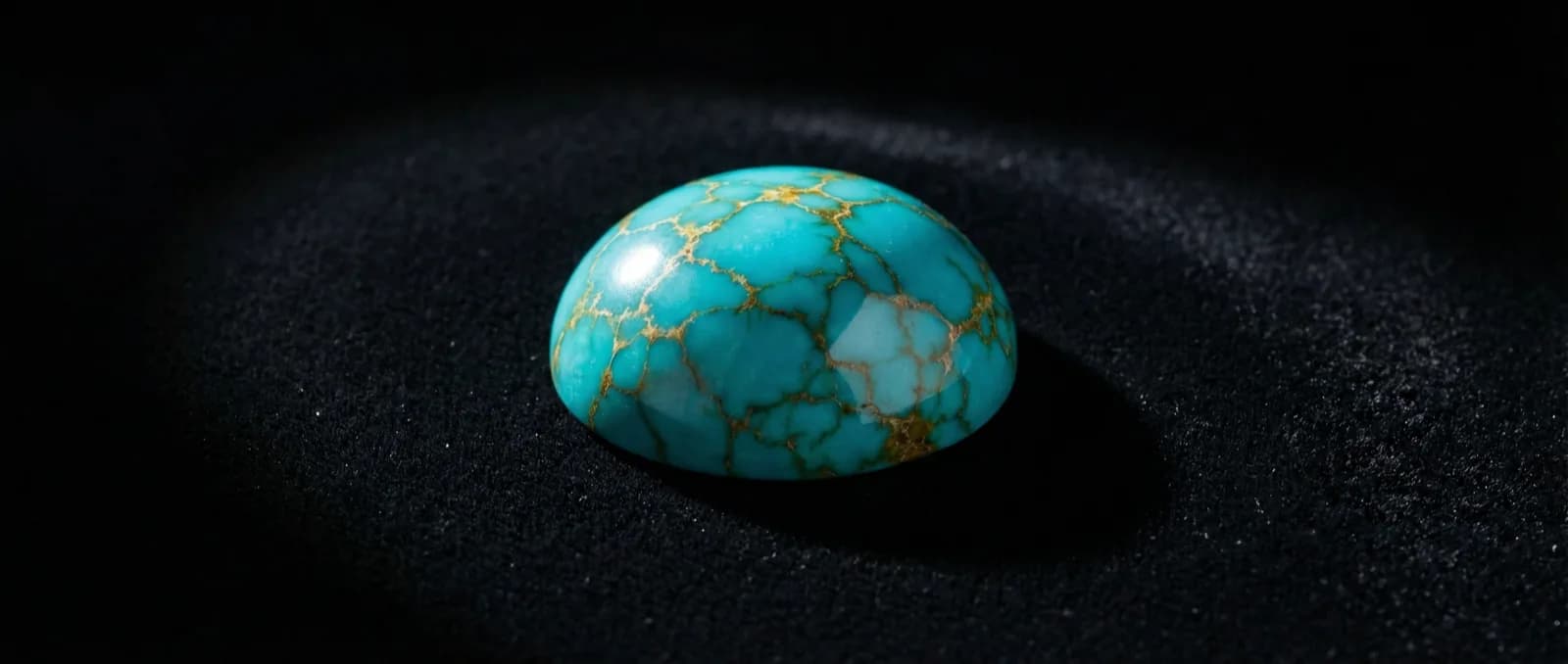 Museum-grade Number 8 turquoise cabochon with golden-brown spider-web matrix on black velvet