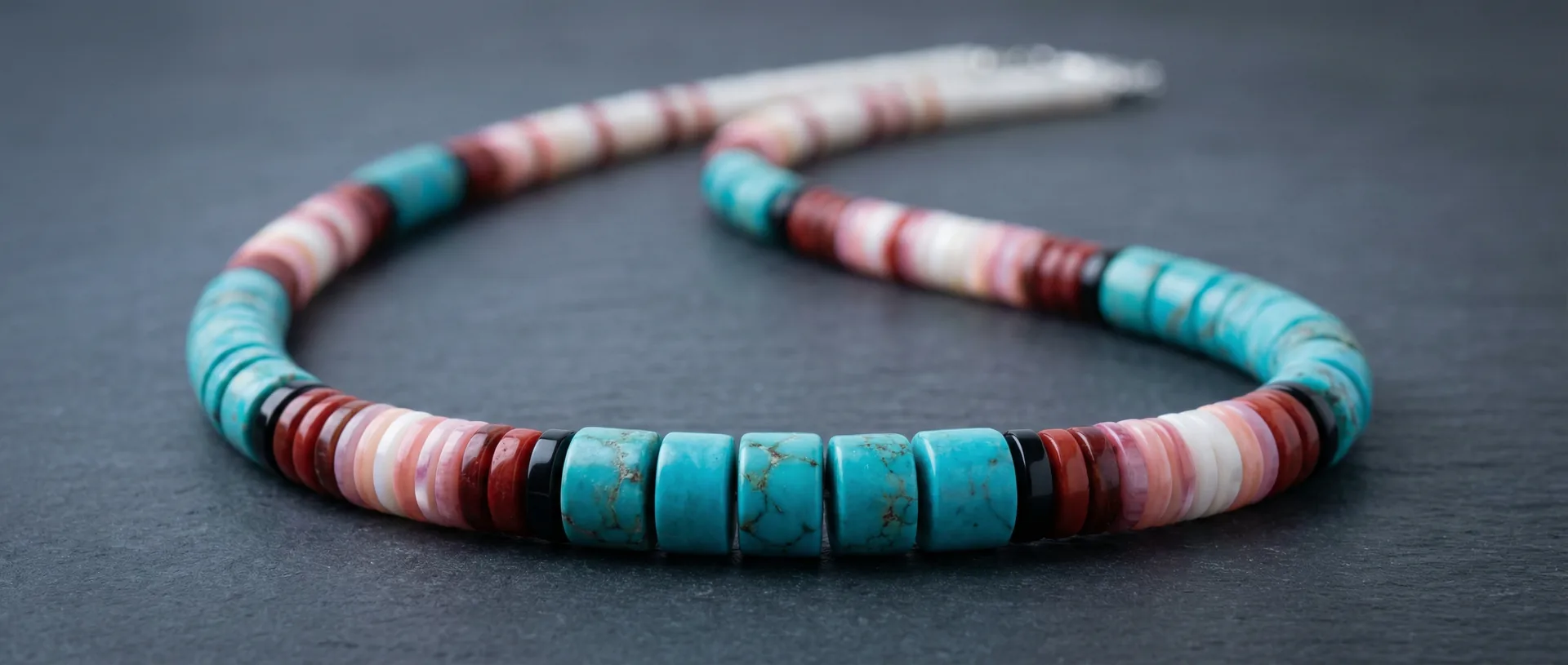 Graduated Santo Domingo heishi necklace draped across dark slate with shell, turquoise, jet, and coral beads