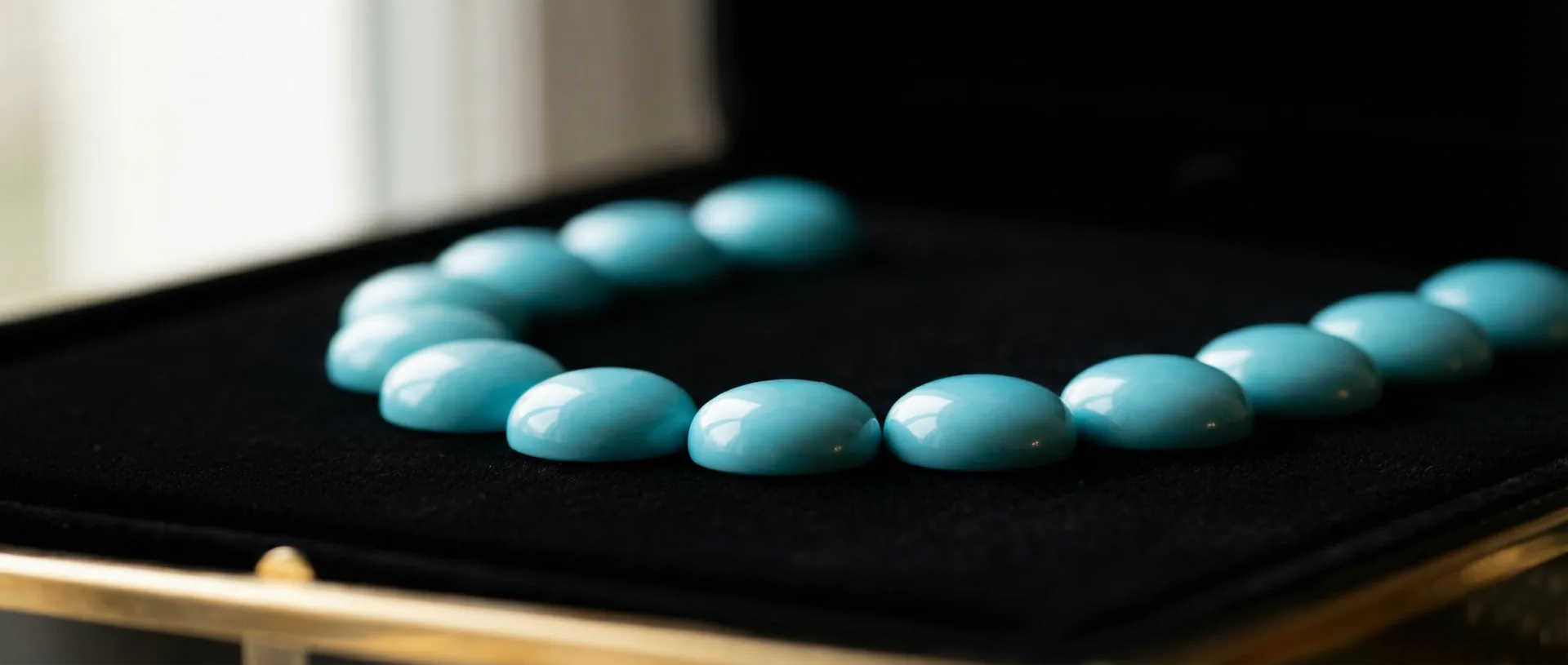 Twelve Sleeping Beauty turquoise cabochons arranged in an arc on black velvet under soft window light