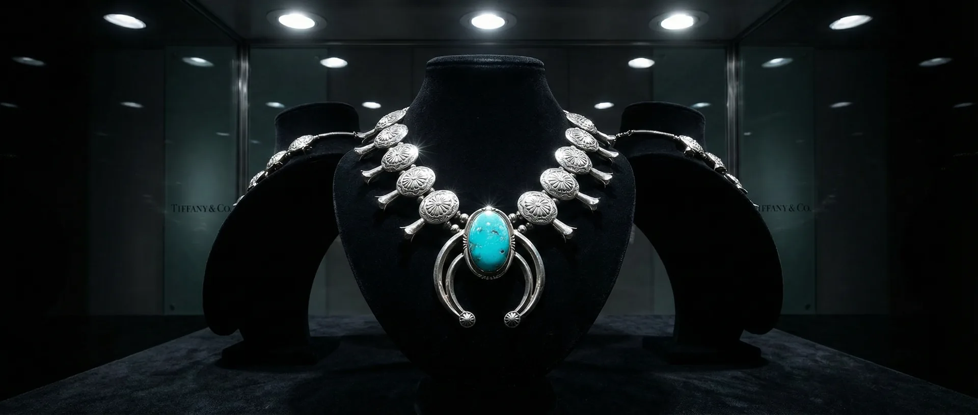 Navajo squash blossom necklace on a black velvet bust with each silver blossom catching individual spot light