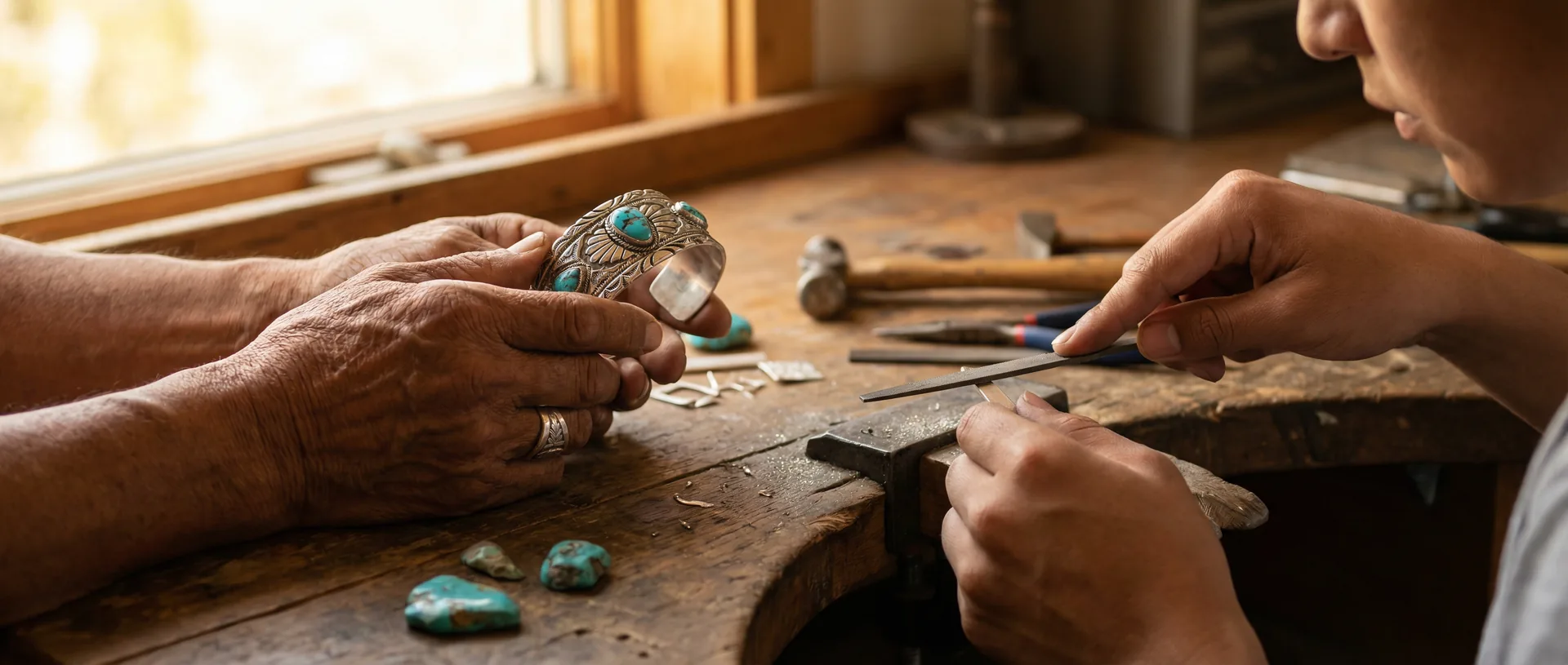 Elder and younger hands side by side at a silversmithing bench, working on jewelry together