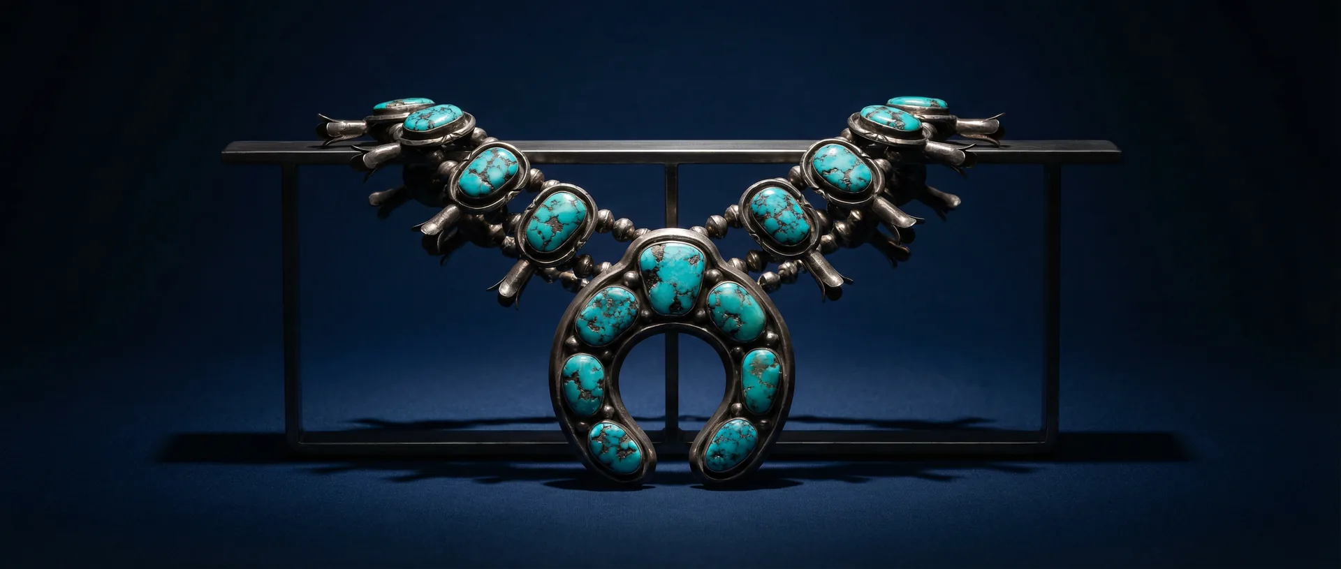 Circa-1920s Navajo squash blossom necklace with cast naja on a museum mount against midnight-blue background