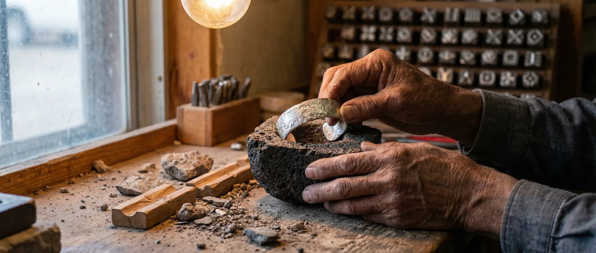 Experienced hands holding a tufa-cast bracelet at a workbench with hand-forged stamps and volcanic tufa stone