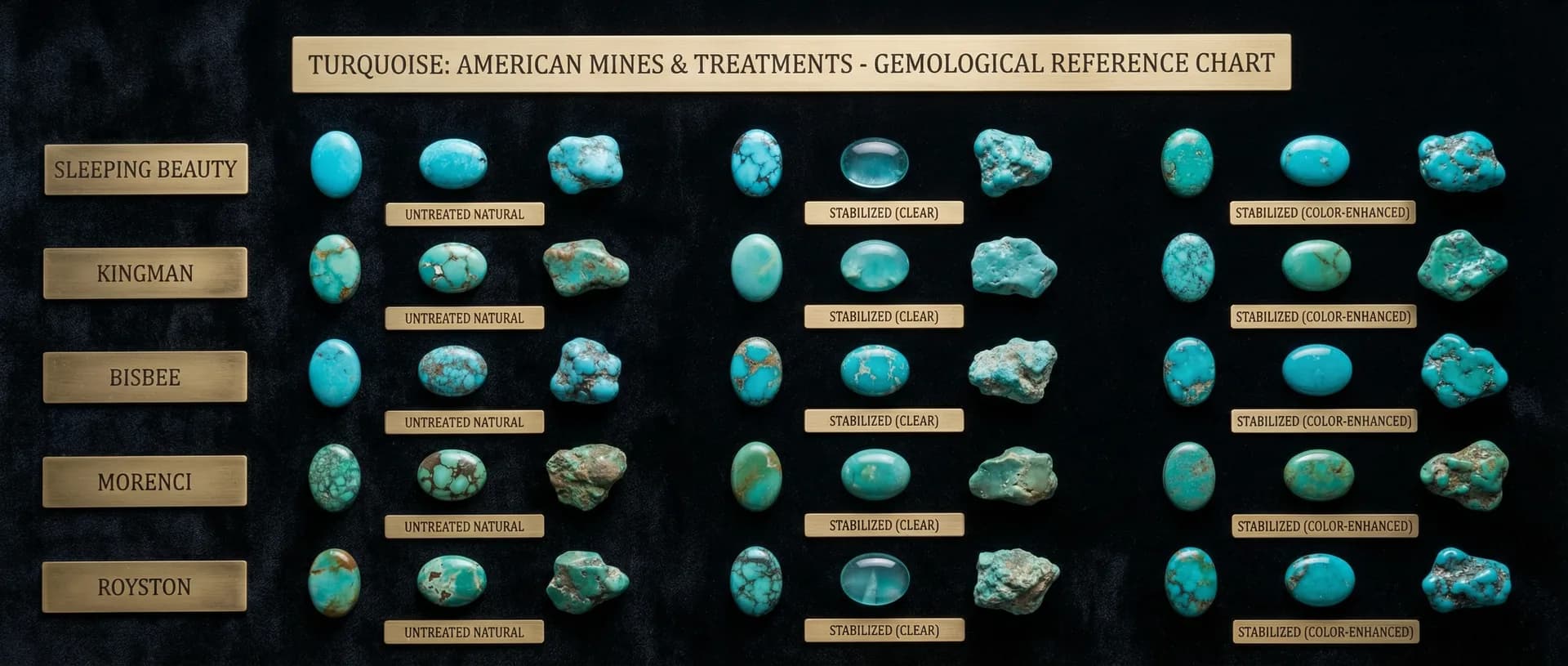 Curated grid of turquoise from five major mines on black velvet with brass identification plaques