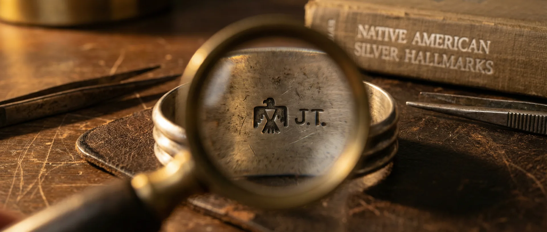 Silver bracelet back under a magnifying loupe revealing a hand-stamped hallmark and artist's initials