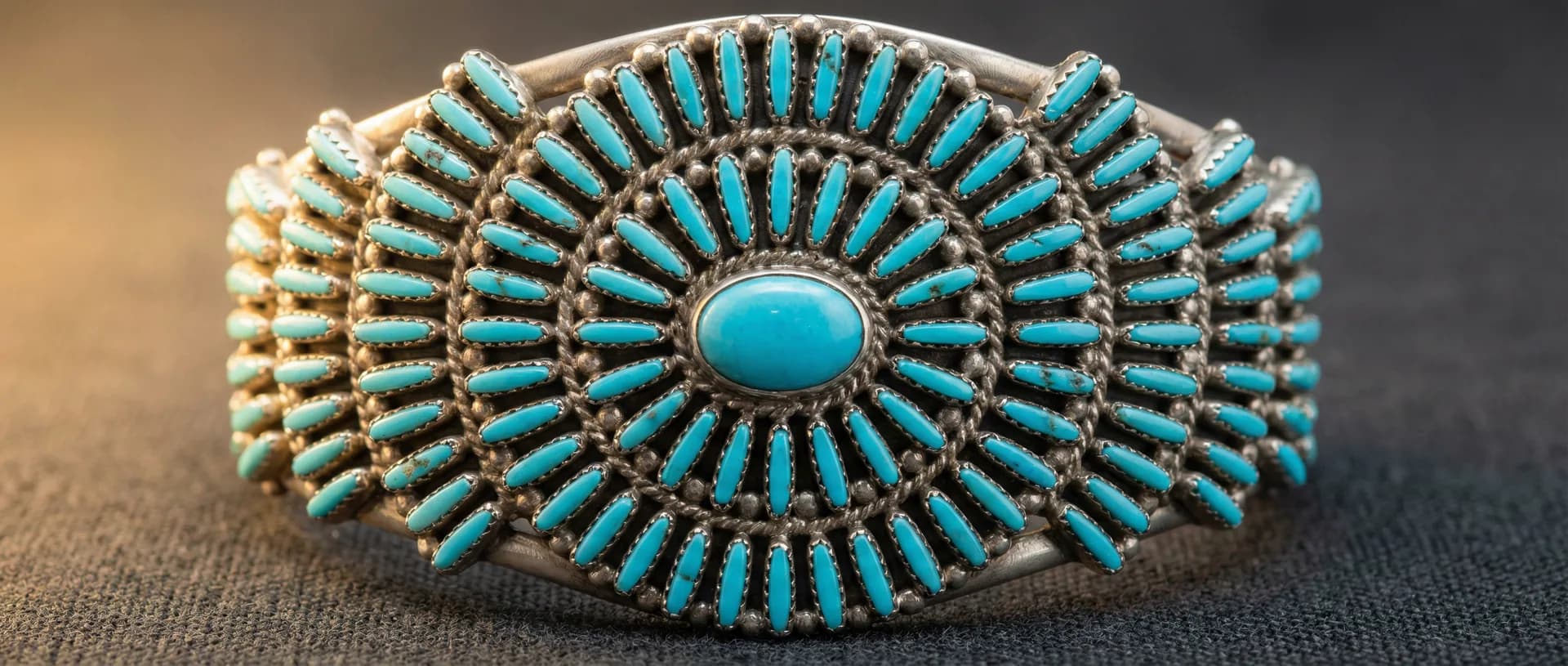 Extreme close-up of a Zuni needlepoint cluster bracelet with dozens of needle-thin turquoise stones in individual bezels