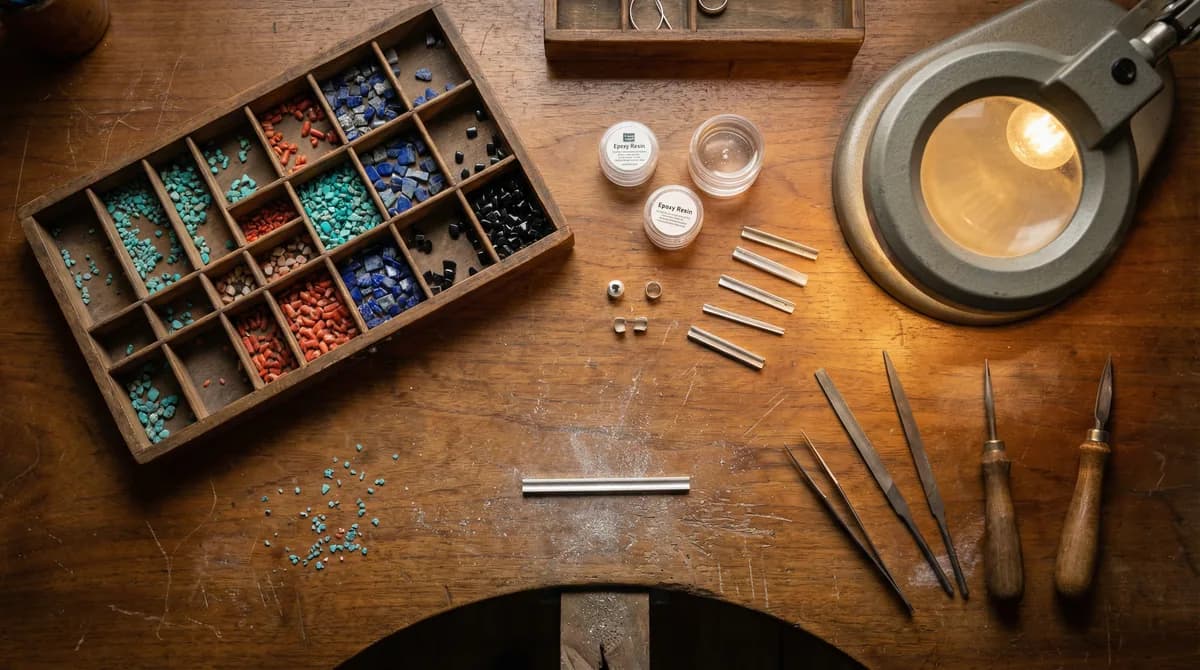 Inlay artist's workspace with tiny pre-cut stone pieces sorted by color, epoxy, and silver channel forms