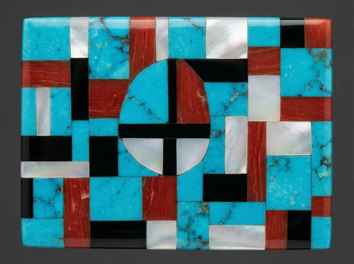 Extreme macro of a Zuni mosaic inlay surface showing turquoise, coral, jet, and shell fitted with no gaps
