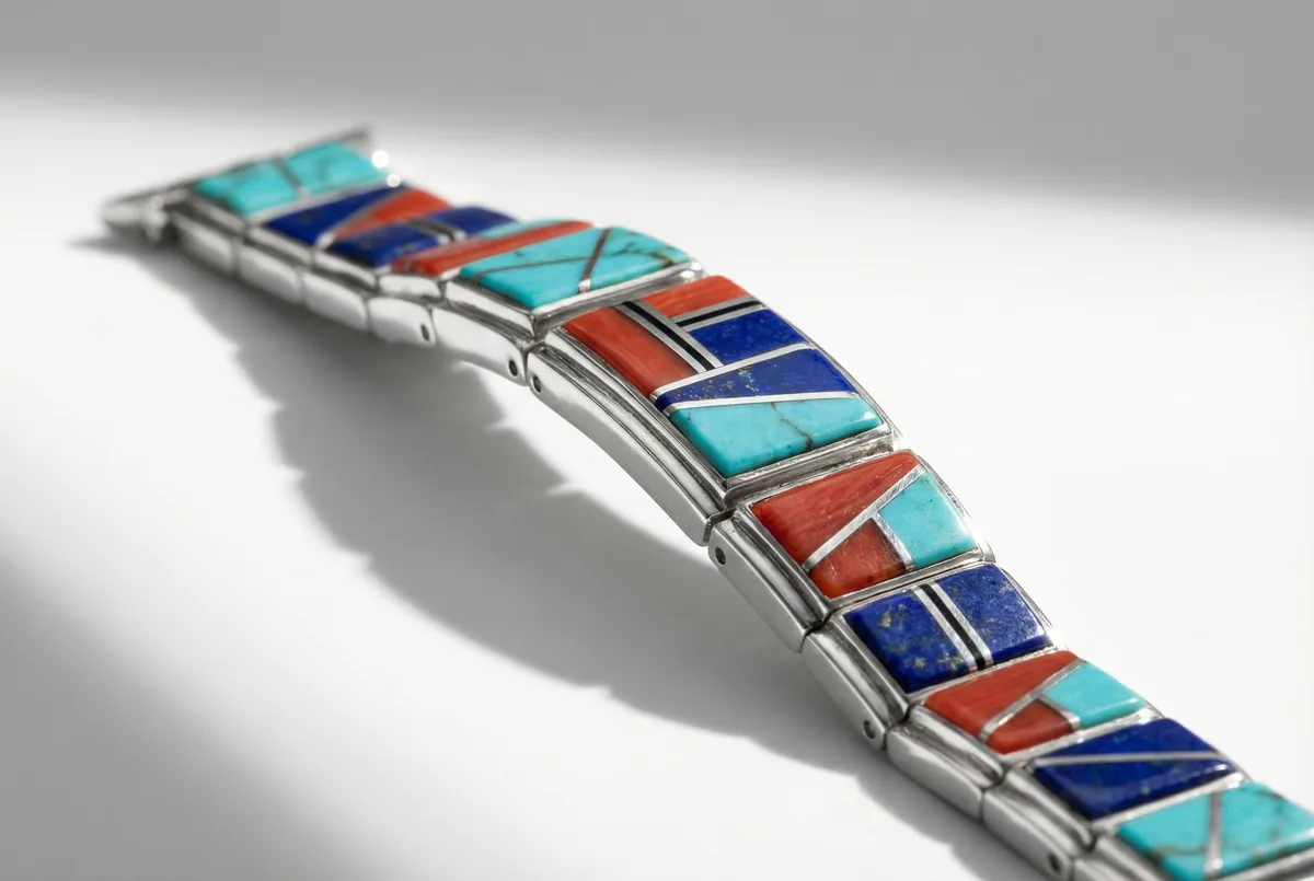 Navajo channel inlay watch band with turquoise, coral, and lapis in silver channels under dramatic side lighting