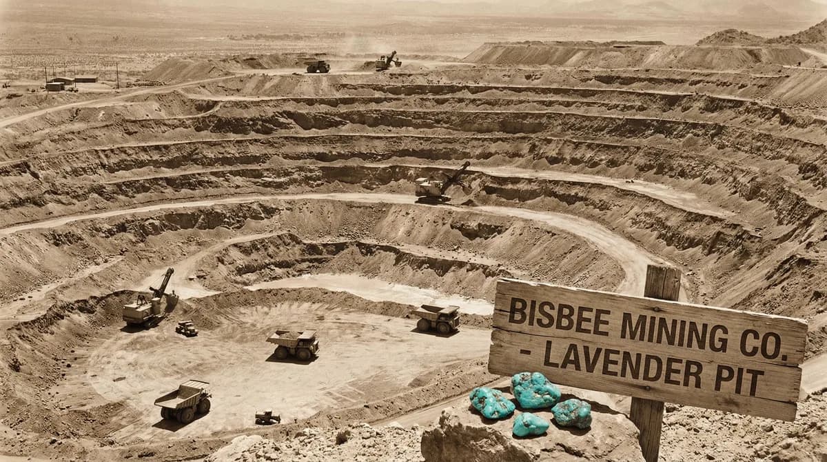 Sepia-toned wide shot of the terraced Lavender Pit open-pit mine against desert mountains