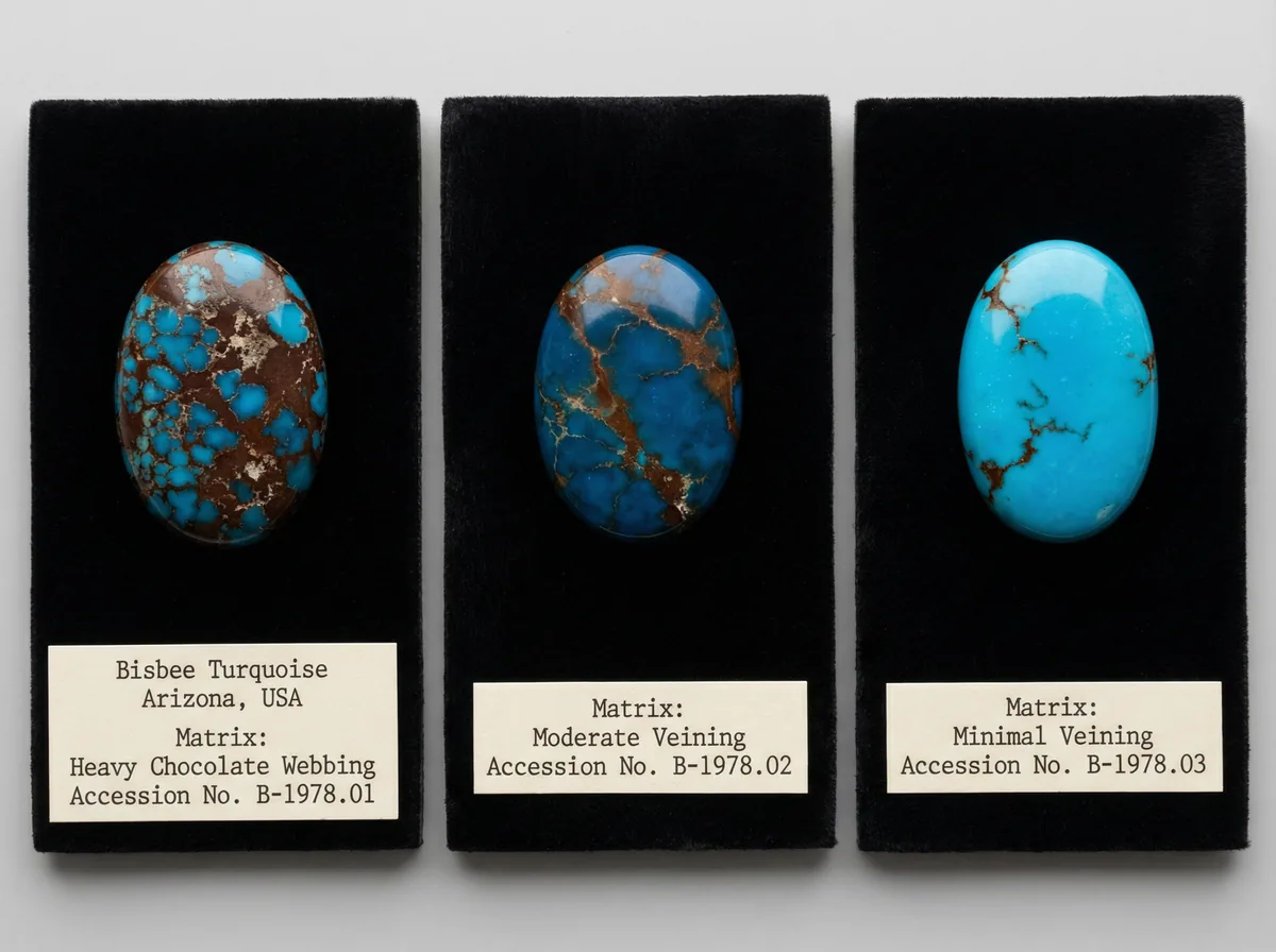 Three Bisbee turquoise cabochons showing chocolate brown matrix gradations on individual velvet pads