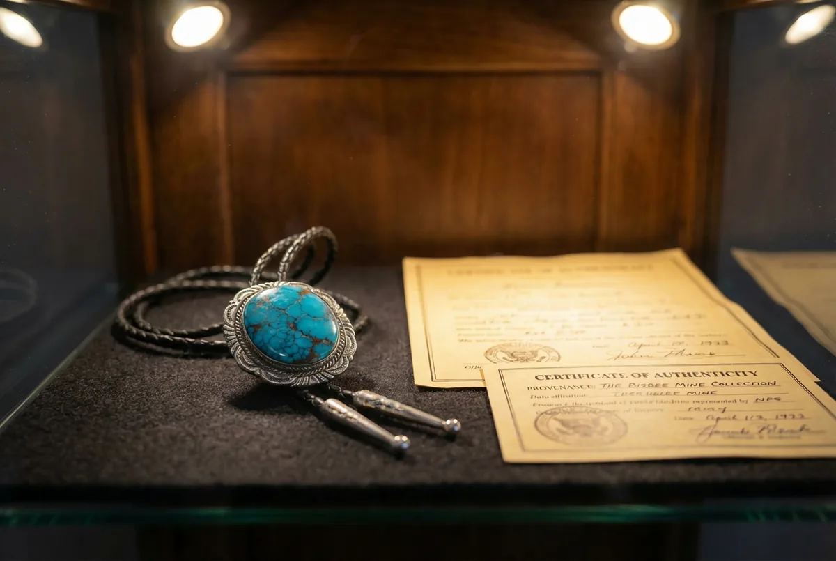 Vintage Bisbee turquoise bolo tie in a collector's vitrine beside provenance documentation