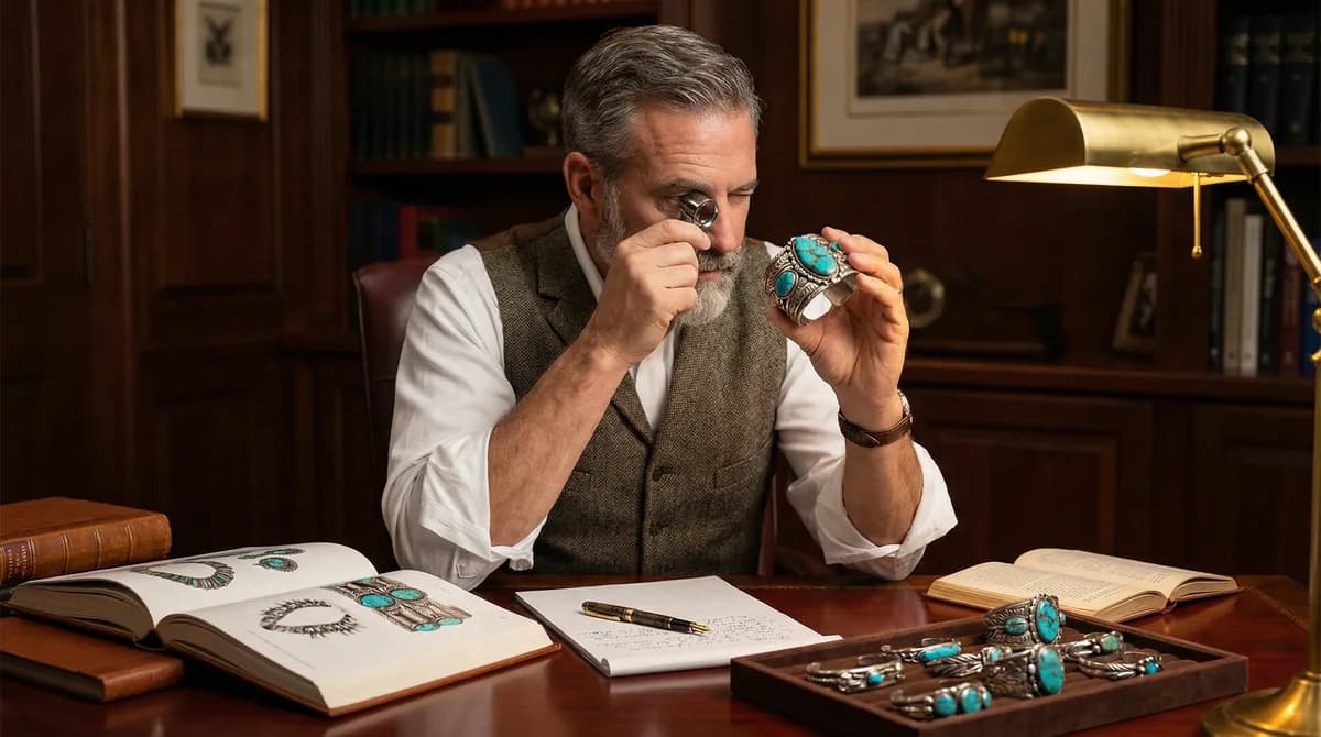 Collector examining a turquoise cuff bracelet with a loupe at a desk beside reference books