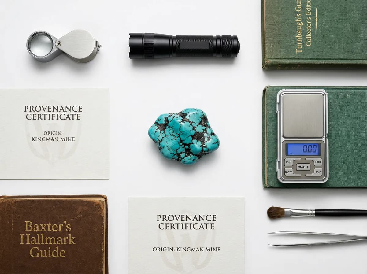 Collector's toolkit flat-lay: loupe, UV flashlight, digital scale, reference books, and turquoise specimen