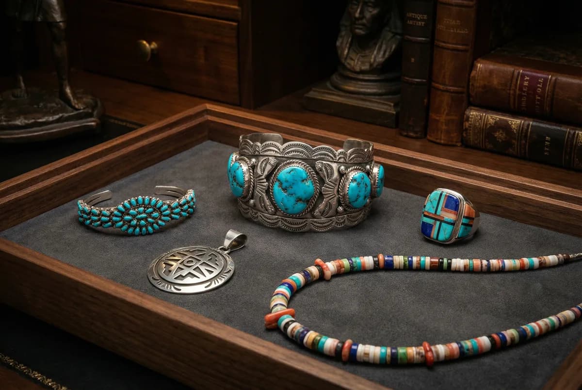 Five museum-quality Native American pieces on a walnut jewelry tray lined with charcoal ultrasuede