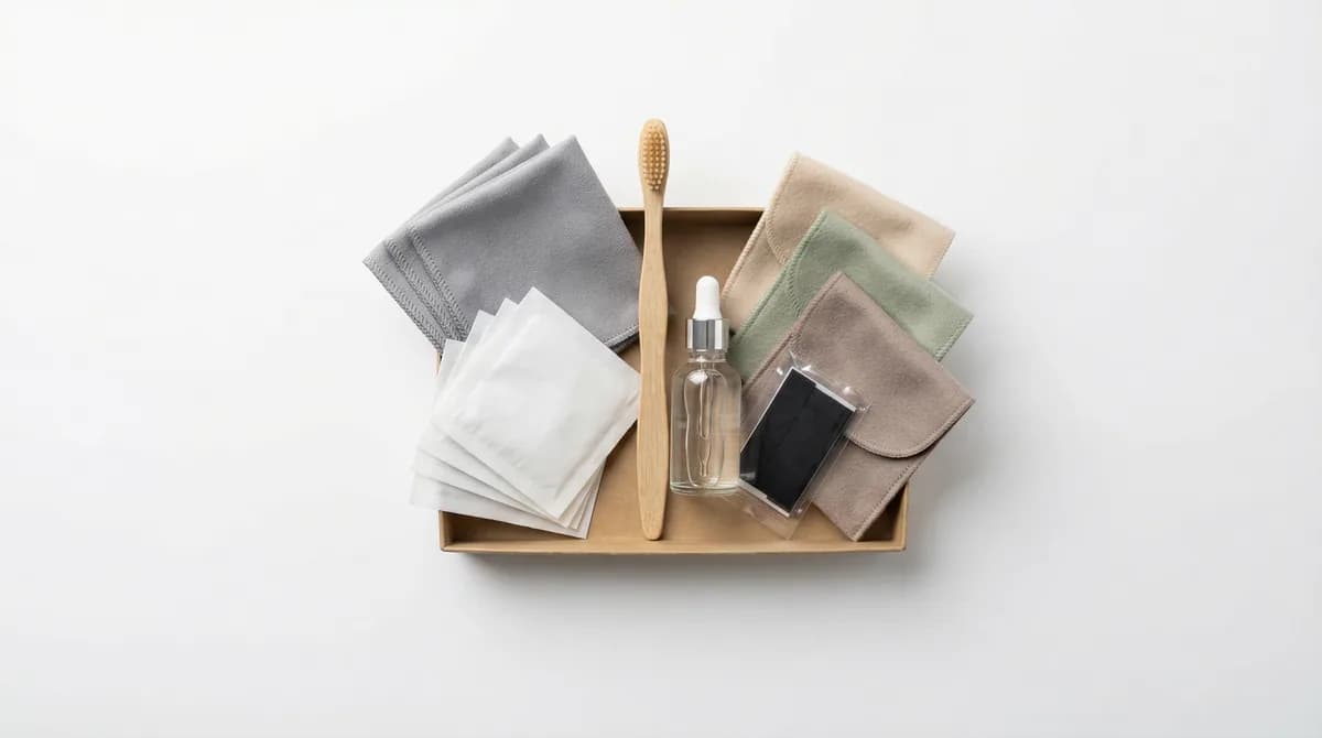 Complete jewelry care kit flat-lay: polishing cloth, soft brush, distilled water, anti-tarnish strips, and pouches
