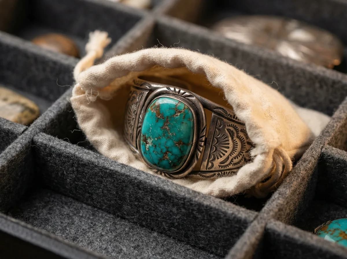 Turquoise bracelet nestled in an individual flannel pouch inside a felt-lined jewelry box for proper storage