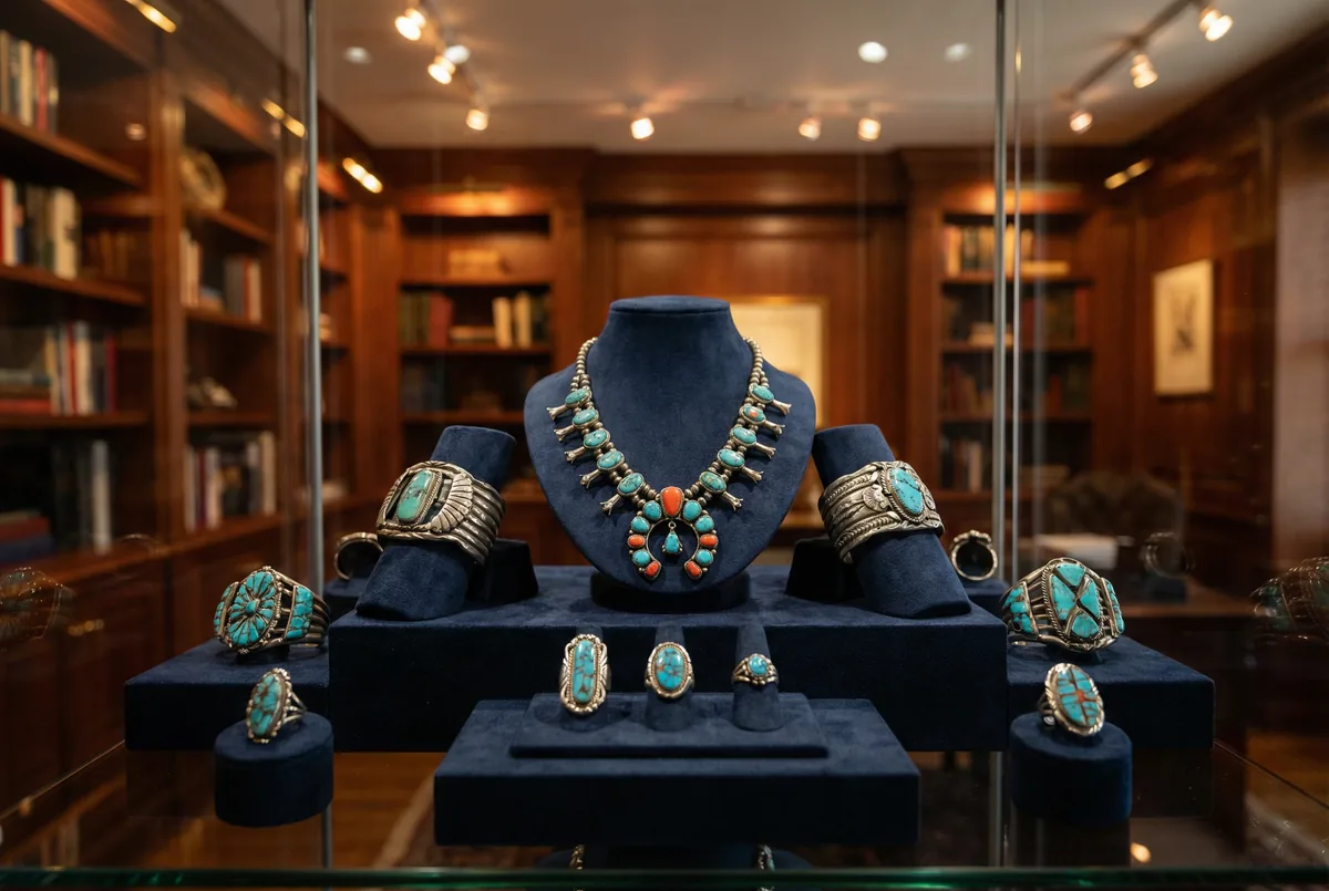 Well-maintained vintage Native American jewelry collection from the 1950s through 1990s in a display case