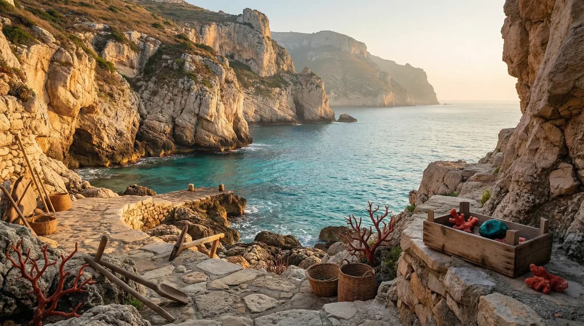 Mediterranean coastline at dawn with rocky shore and azure water where coral has been harvested