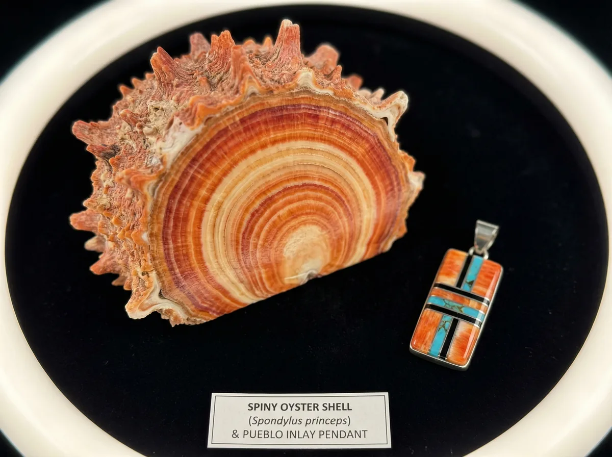 Cross-sectioned spiny oyster shell showing growth rings beside a Pueblo-style inlay pendant