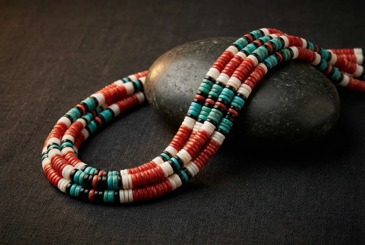 Multi-strand Santo Domingo necklace combining coral, shell, turquoise, and jet heishi draped over a river stone