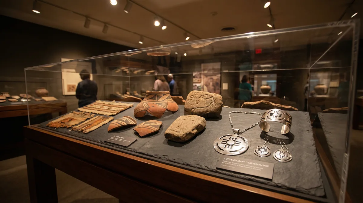 Ancient Hopi pottery shards and textile fragments alongside contemporary overlay silver jewelry