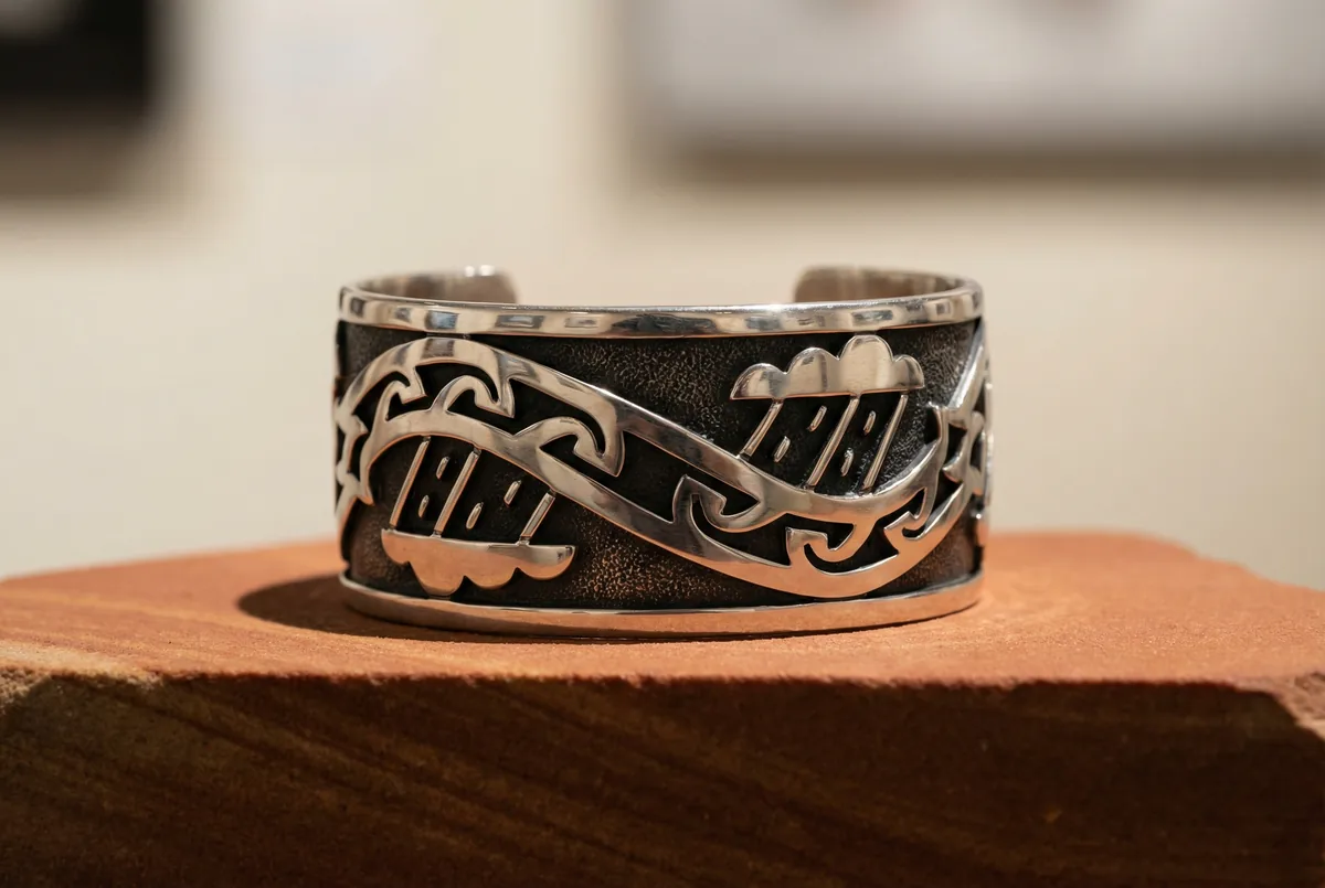 Wide Hopi overlay cuff with water clan symbols on a polished mesa sandstone slab under gallery lighting