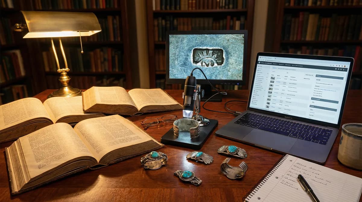 Hallmark researcher's desk with reference books, laptop, USB microscope, and silver pieces turned face-down
