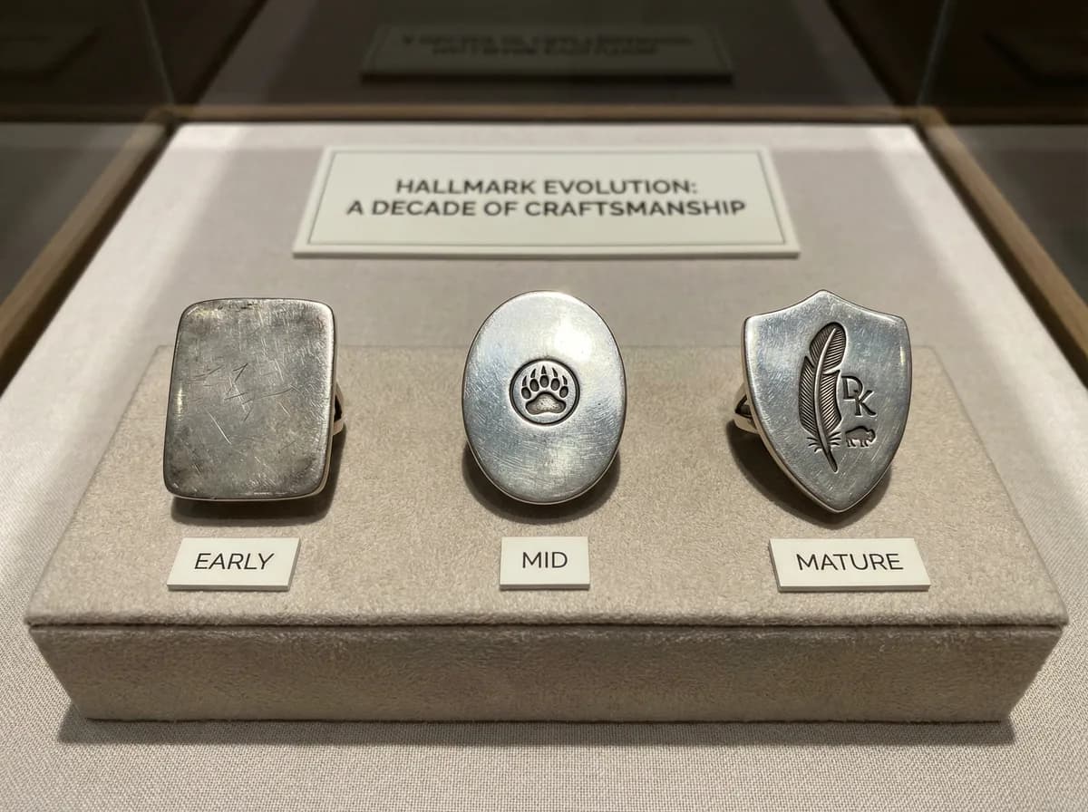 Same artist's hallmark shown across three decades: early initials, mid-career stamp, and mature personal mark