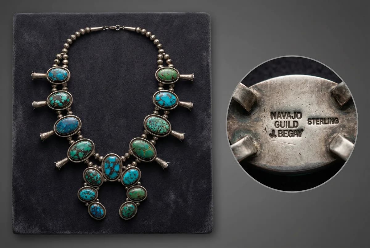 Squash blossom necklace displayed face-up alongside a dramatic close-up inset of its reverse hallmark